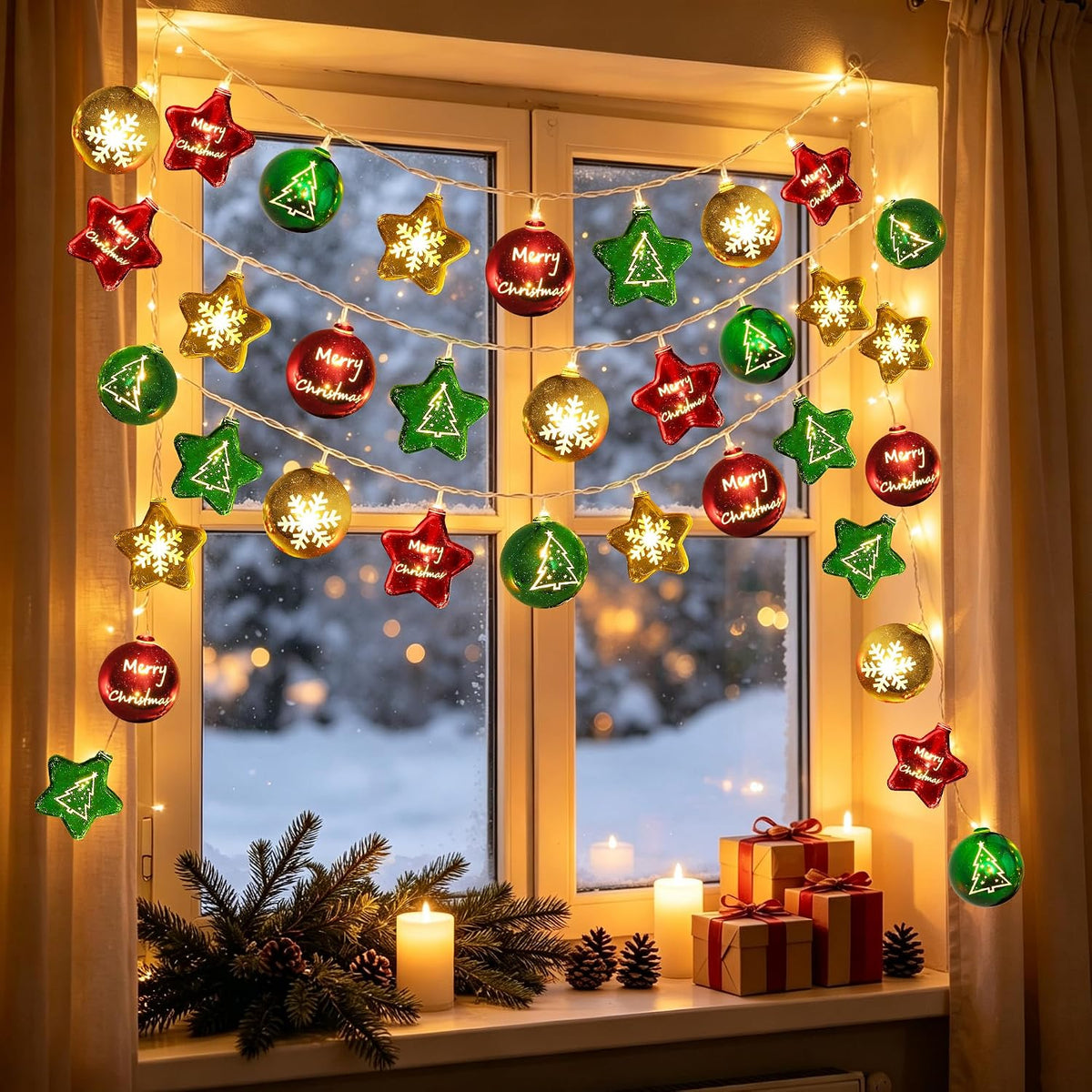 Guirnalda de luces navideñas con 30 luces LED de bola y estrella de...