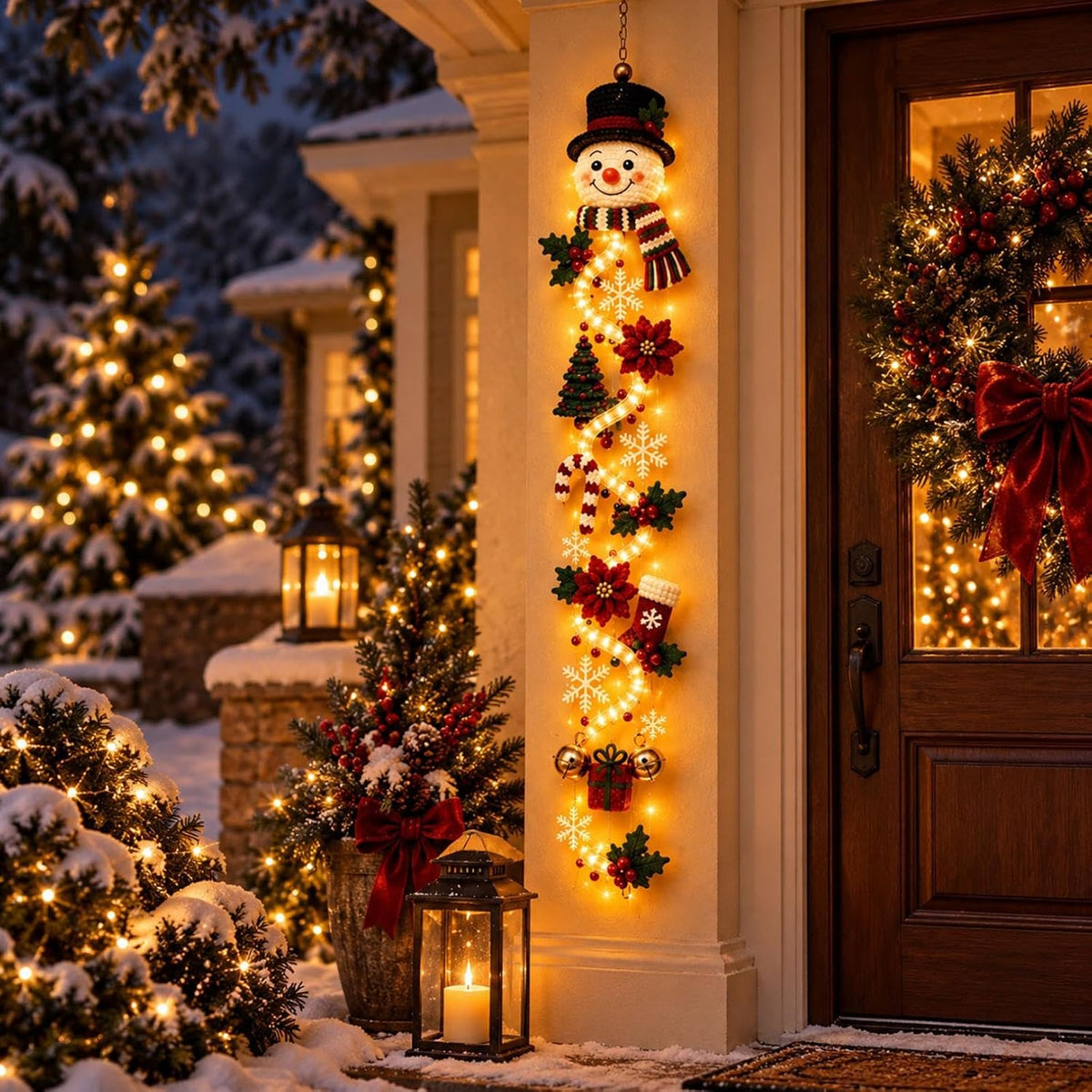 Colgante de puerta de Navidad con muñeco de nieve iluminado, cálido...