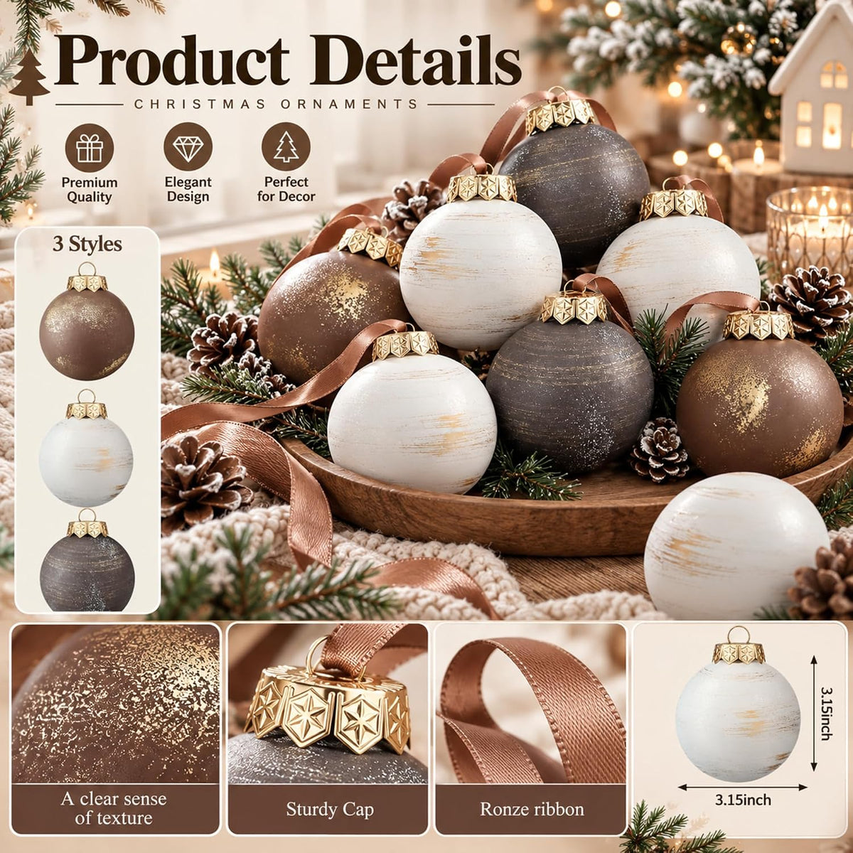 Yunlly - 12 adornos de Navidad neutros 2026, color bronce gris pard...