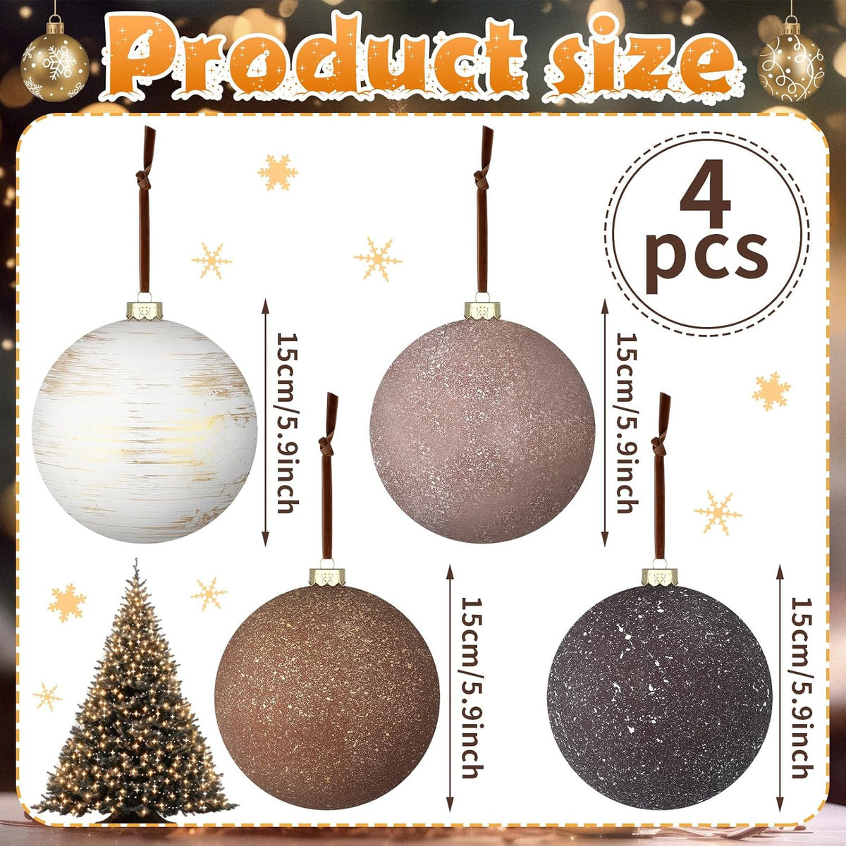 Tigeen - 4 adornos de bolas de Navidad neutrales grandes de 6 pulga...