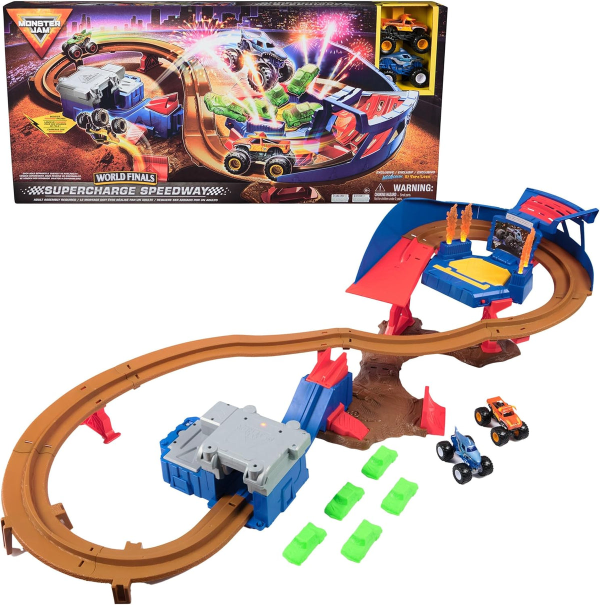 Monster Jam, Supercharge Speedway Playset, Megalodon y El Toro Loco...