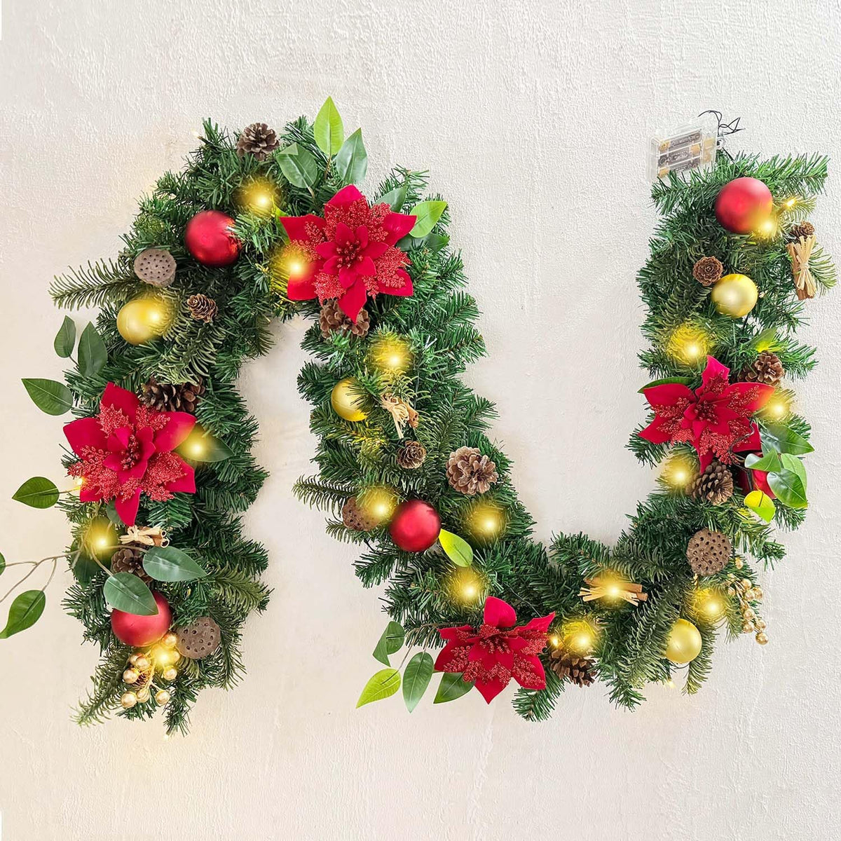 WANNA-CUL Guirnalda de Navidad de oro rojo preiluminada de 6 pies c...