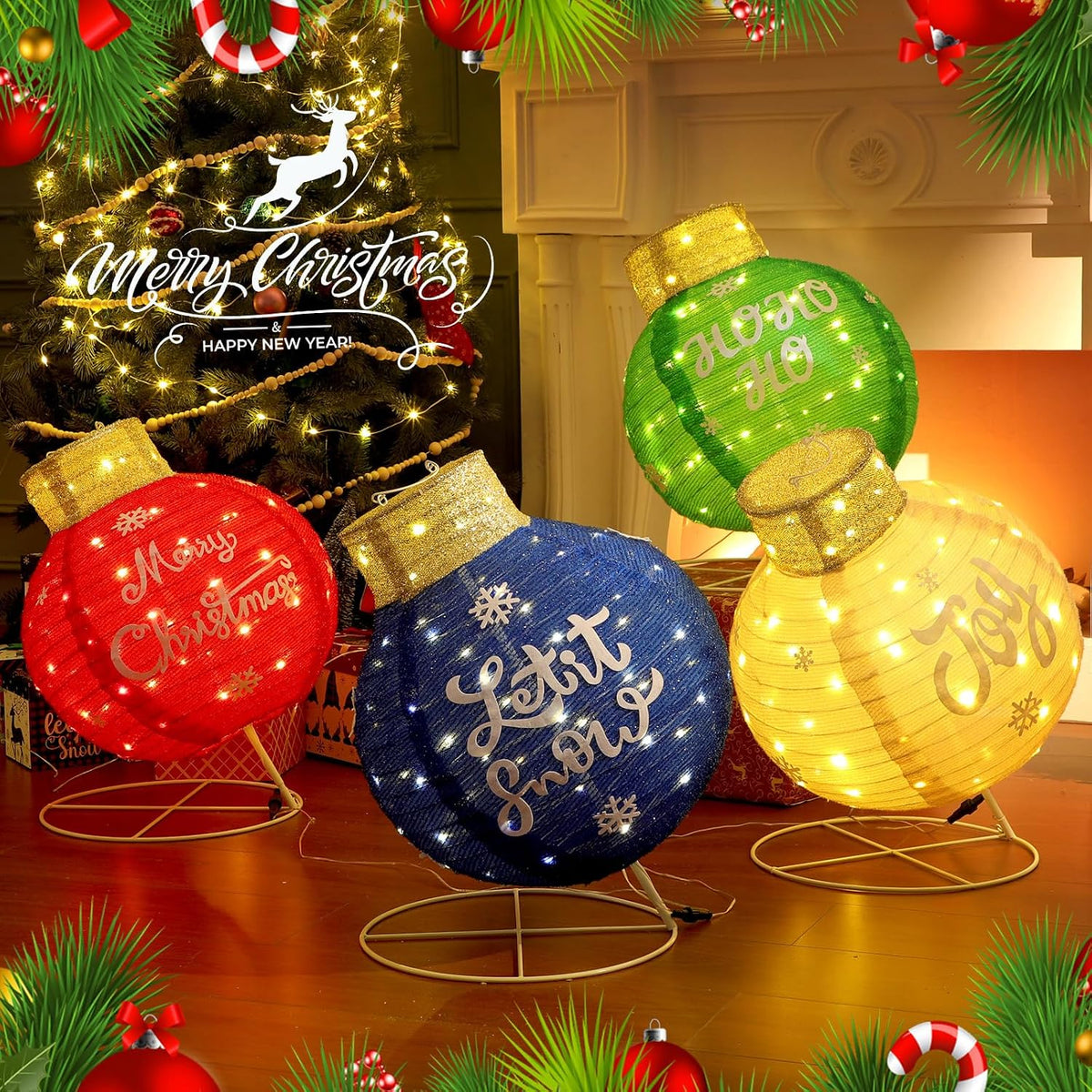 Dingion - Juego de 4 bolas de Navidad grandes para exteriores ilumi...