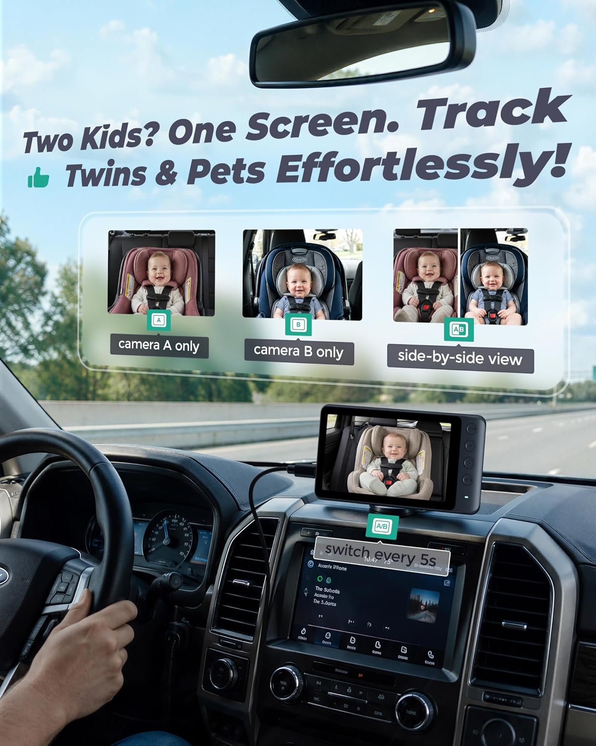WEMOH Cámara magnética del coche del bebé para 2 niños with1080P IP...
