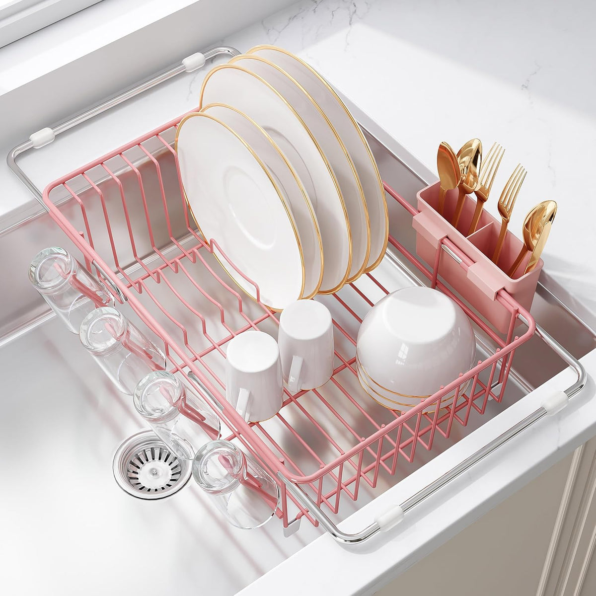 JASIWAY Escurridor de platos rosa en fregadero, escurridor de plato...