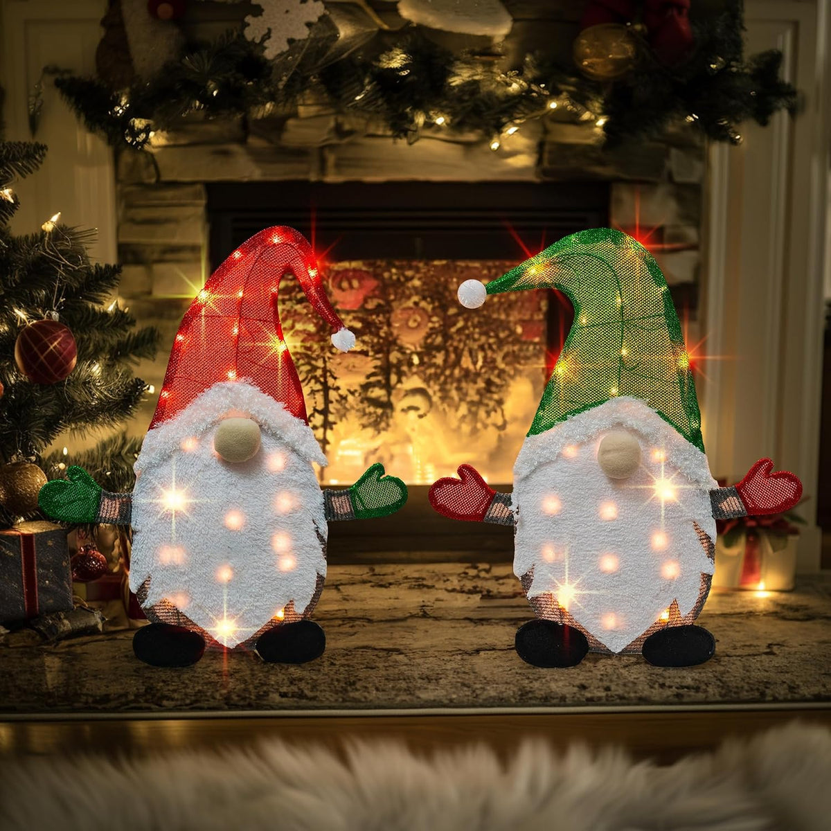 TW SHINE Juego de 2 gnomos de Navidad iluminados, 50 l, 2 pies, gno...