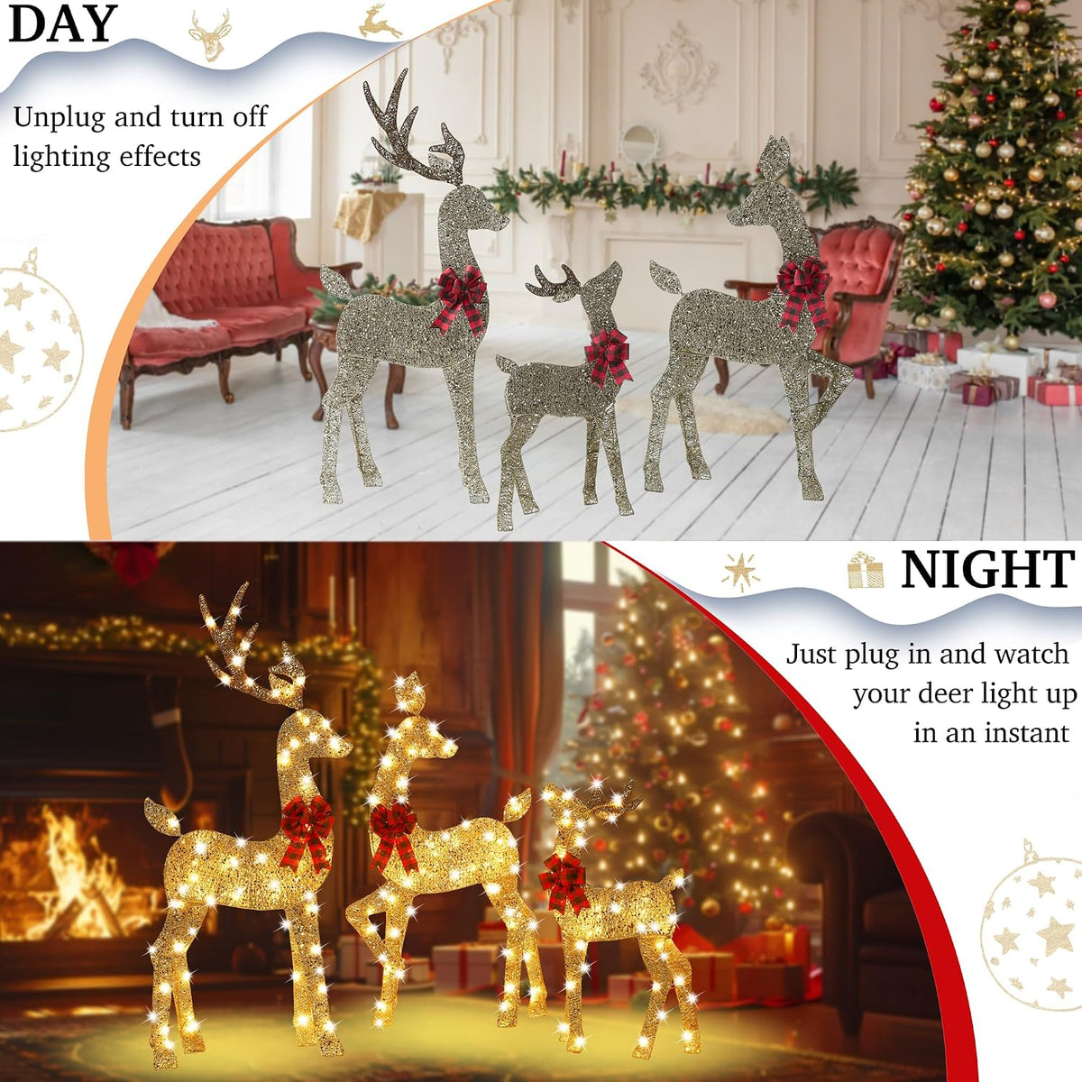 Decoración de ciervo de Navidad con iluminación dorada 2.5D de 48 p...