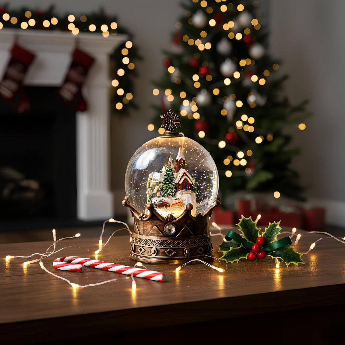 Globo de nieve de pueblo navideño, linterna musical iluminada para...