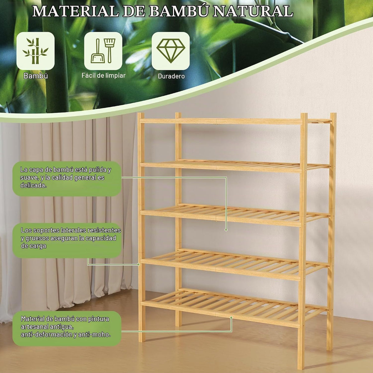 ROMGUAR CRAFT Zapatero de bambú de 5 niveles para closet independie...