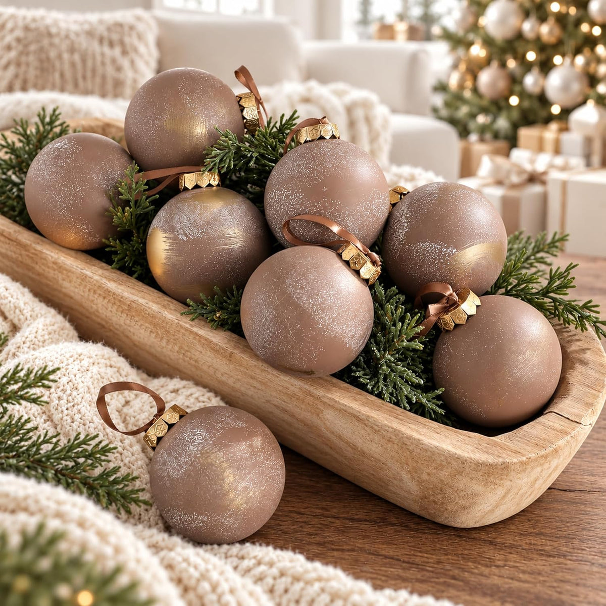 Yunlly - 12 adornos de Navidad neutros 2026, marrón topo y dorado |...