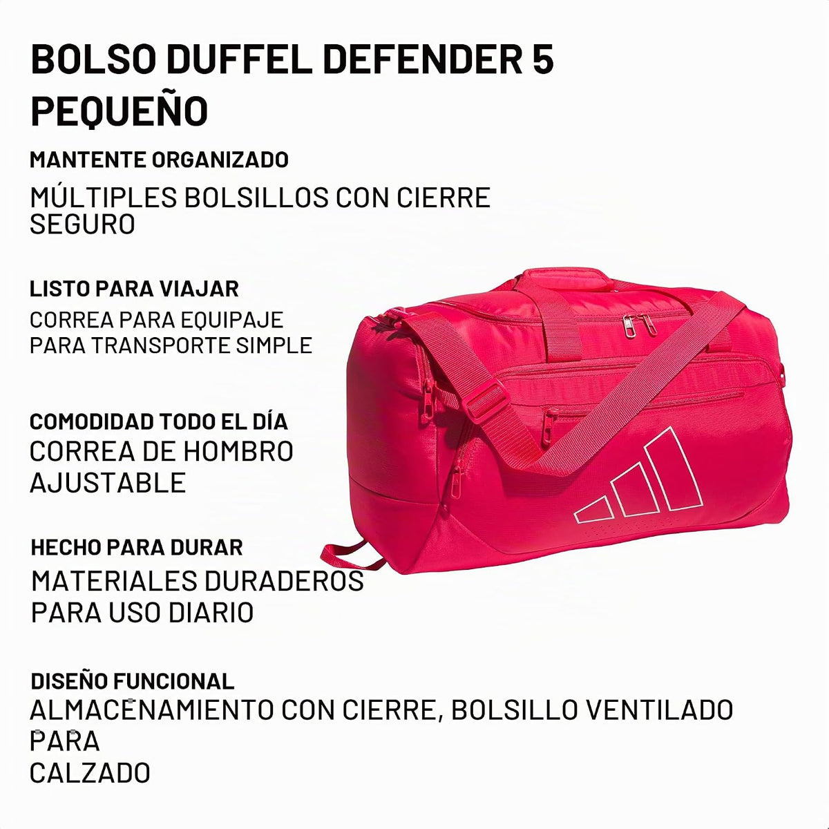 adidas Bolsa de lona Defender, Rosa Podero\/Blanco\/Pequeño 42L, Sm...