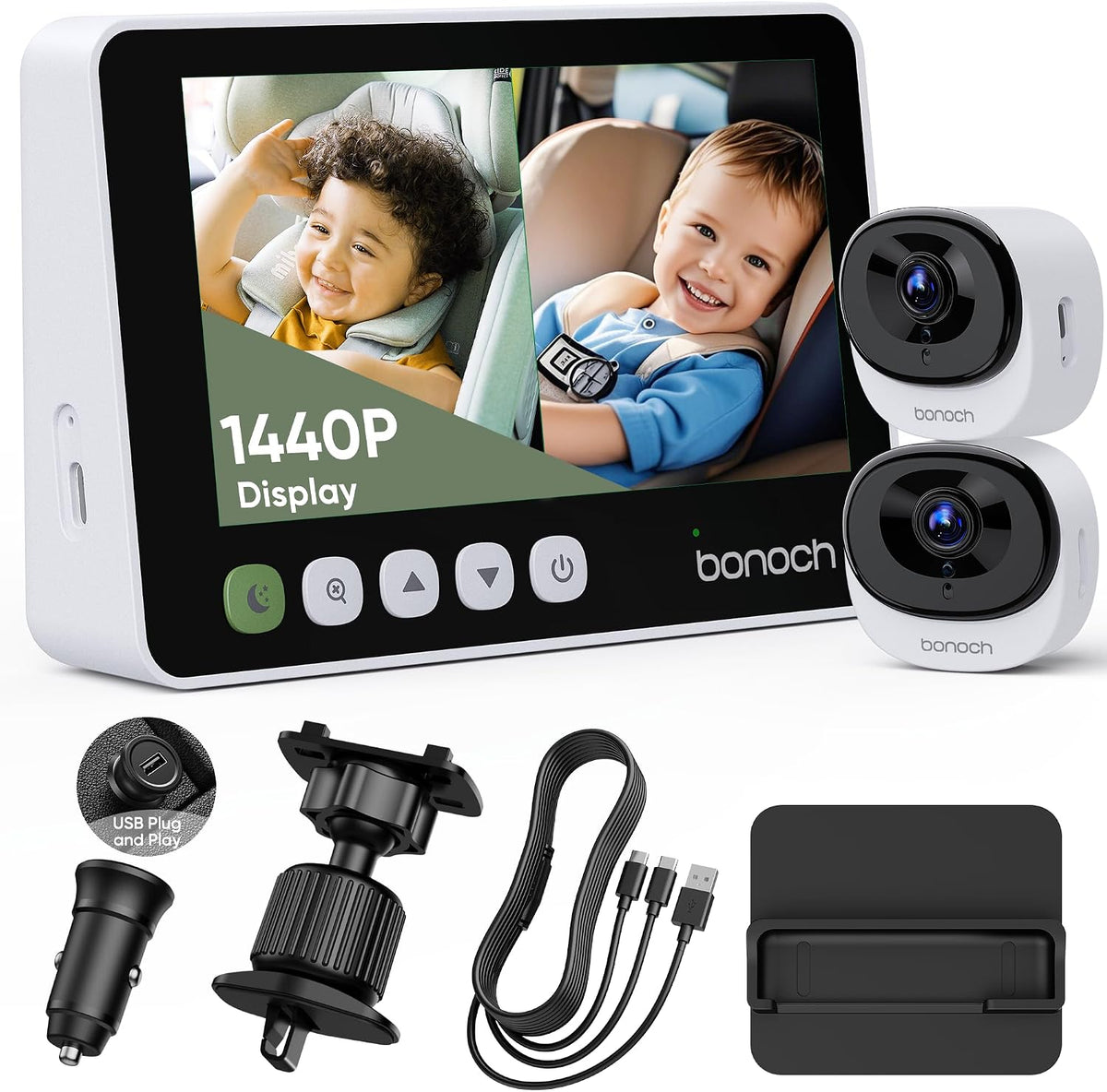 bonoch Cámara de coche de bebé de 5 "1440P para 2 niños, vista...