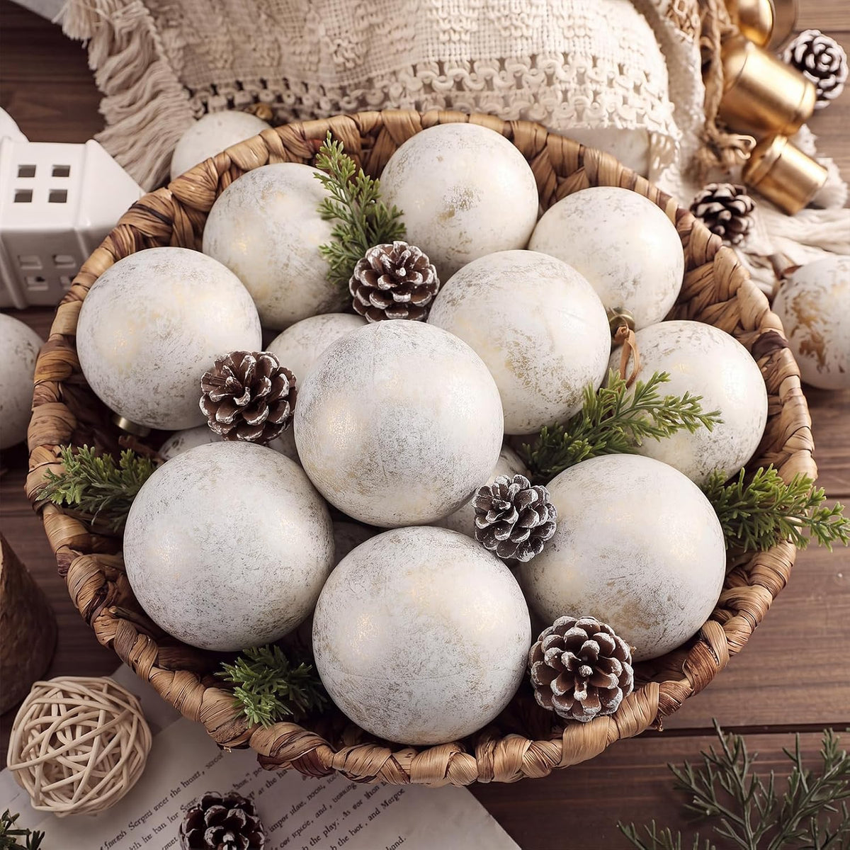 Yunlly 12 adornos de Navidad neutros, blanco marfil, 4 pulgadas | B...