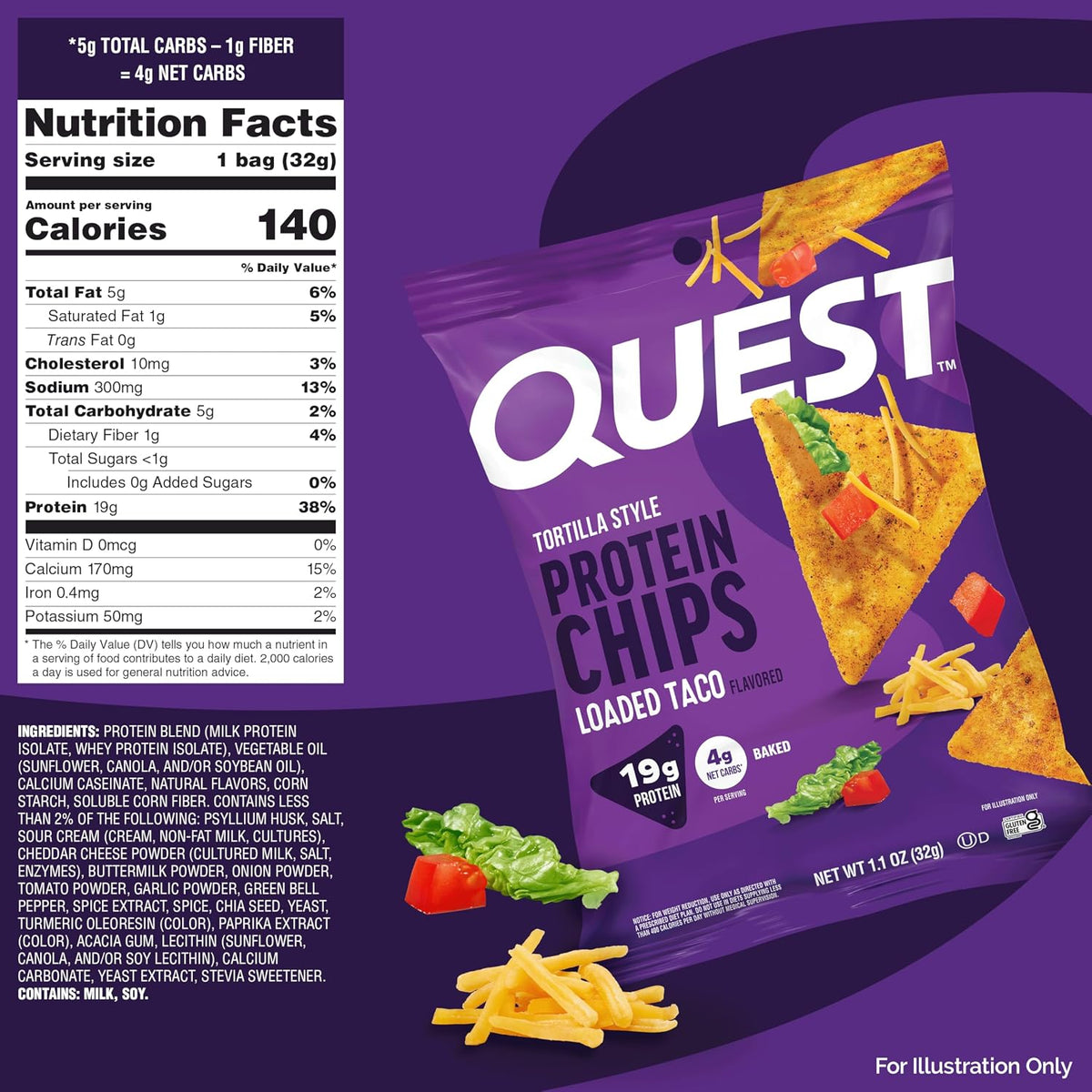 Quest Nutrition Loaded Taco Tortilla Style Chips de proteína, 1.1 o...