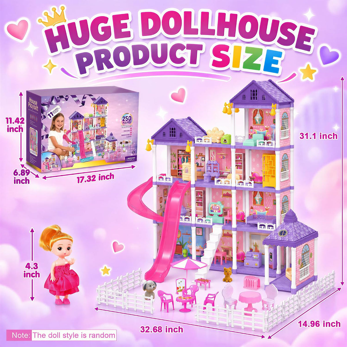 KLADNDER Casa de muñecas, juego de casa de muñecas de 4 pisos y 11...