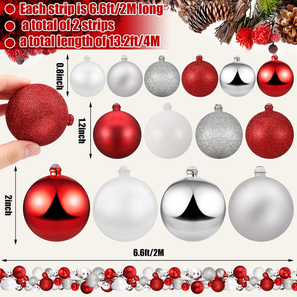 Yuxung - 2 guirnaldas de bolas de Navidad de 6 pies, color rojo | B...