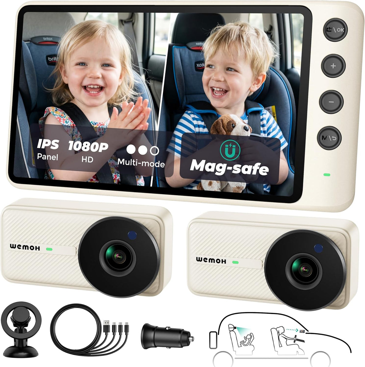 WEMOH Cámara magnética doble para coche para 2 bebés con monitor IP...