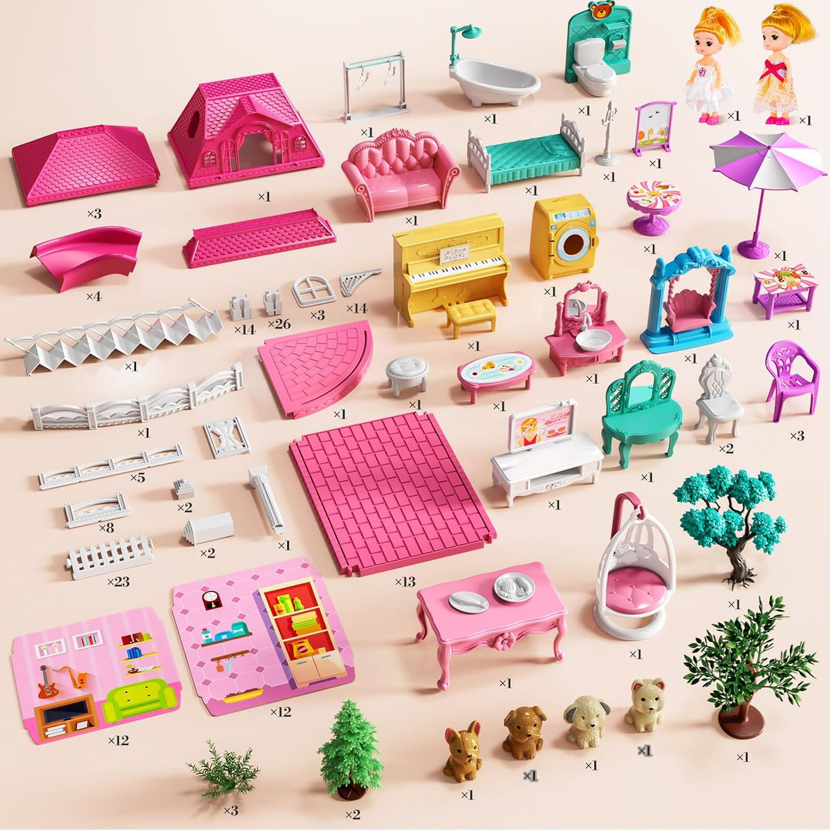 Casa rosa de 4 pisos para niñas de 3 años en adelante, juego de vil...