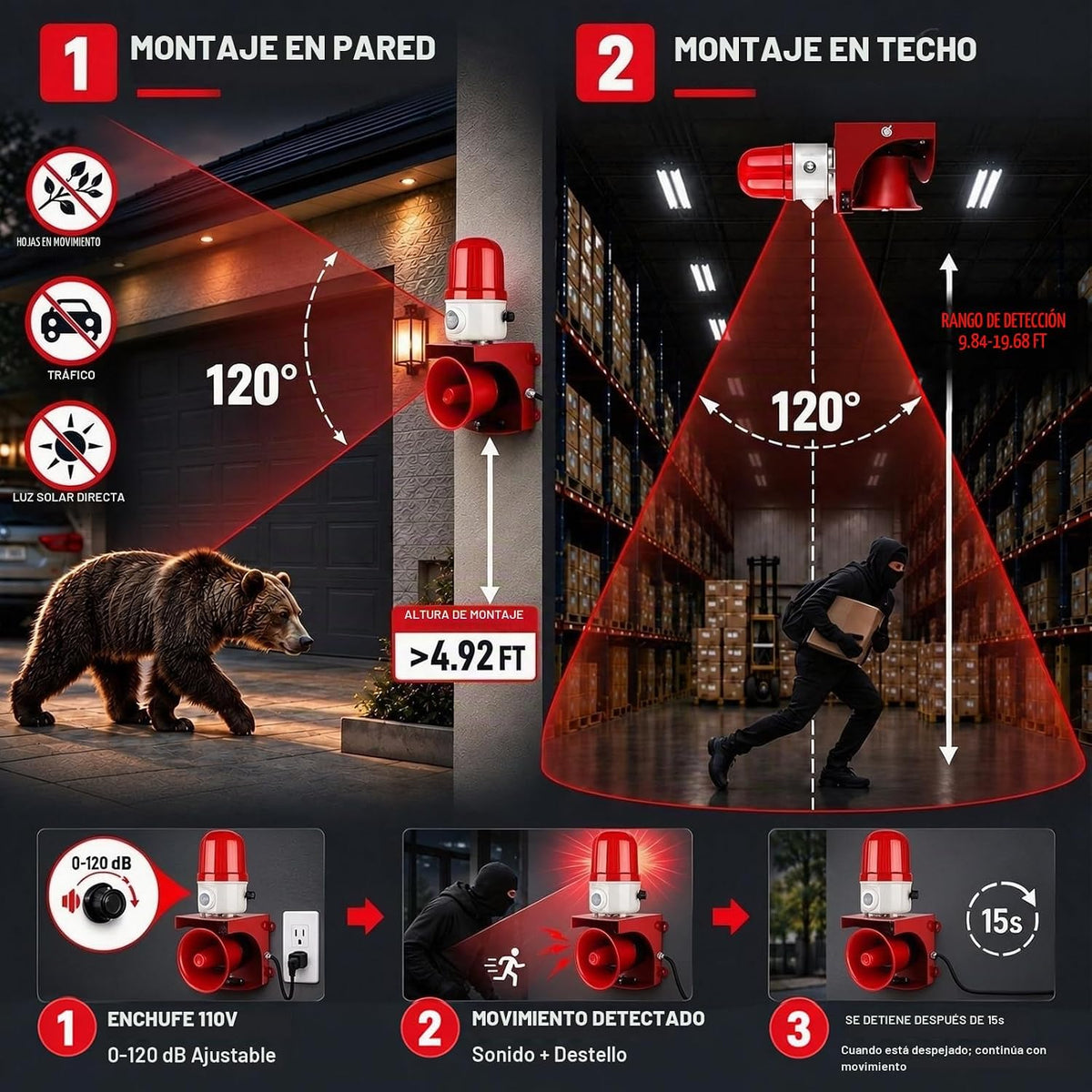 Alarma con sensor de movimiento con detección humana, sirena ajusta...
