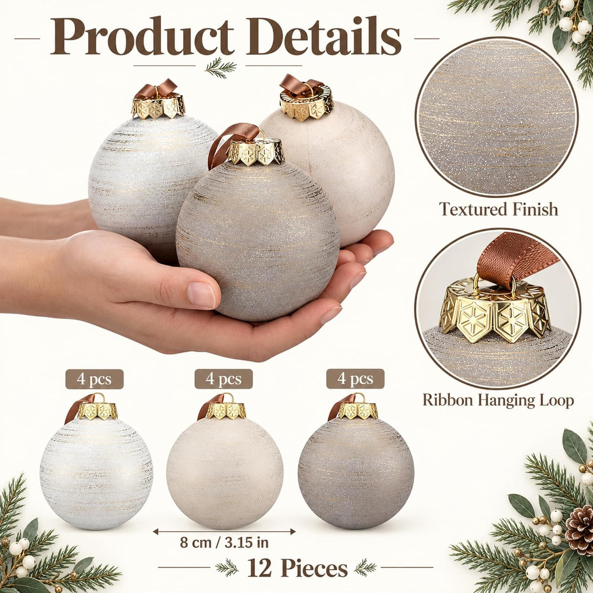Yunlly - 12 adornos de Navidad neutros 2026, beige avena marfil | B...