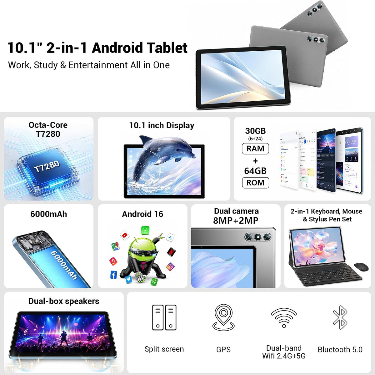 NextCheer Tablet Android 16 de 10.1" con teclado, 30 GB de RAM...