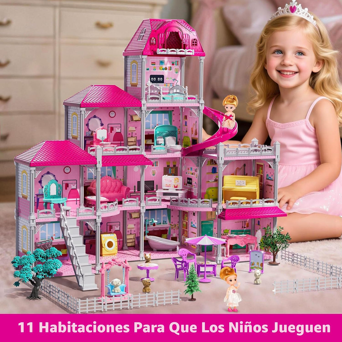 JUKUDAHU Juego de villa para niñas de 3 a 7 años, 4 plantas, 11 hab...