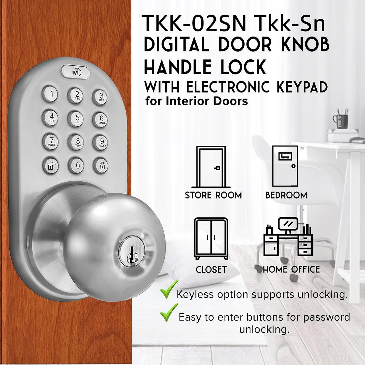 MiLocks TKK-02SN - Pomo digital de puerta con teclado, cerradura de...