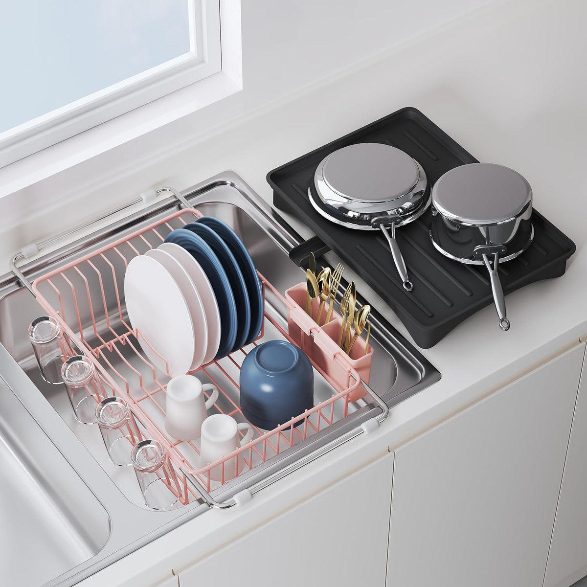JASIWAY Escurridor de platos rosa en fregadero con escurridor y sop...
