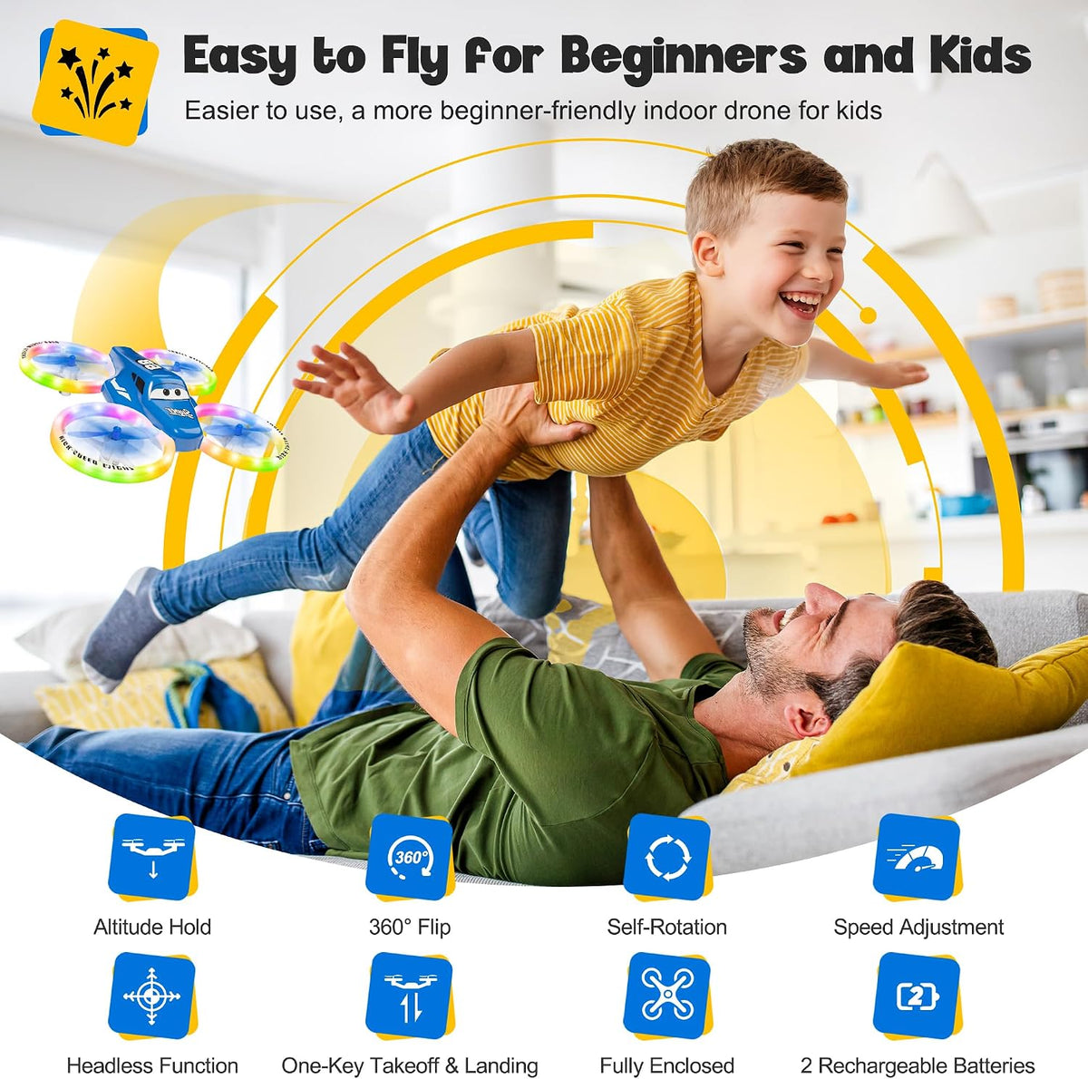 Drones para niños y principiantes con luces LED 2 baterías de arran...