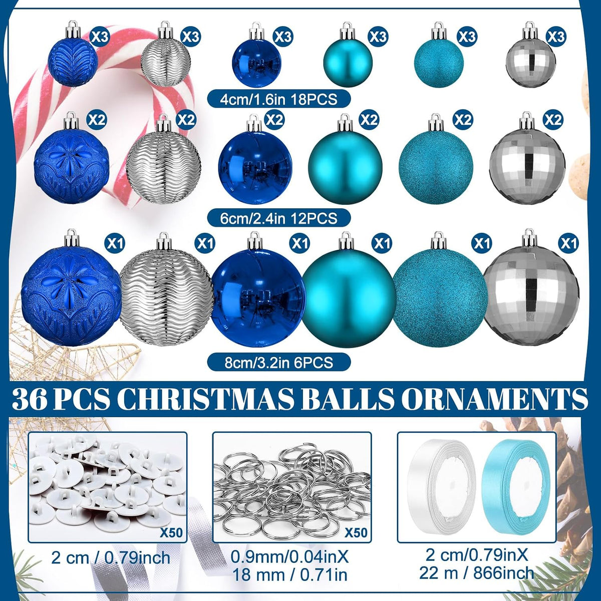 Relaxgiant - 36 bolas de Navidad para techo, mezcla azul | Tamaños...