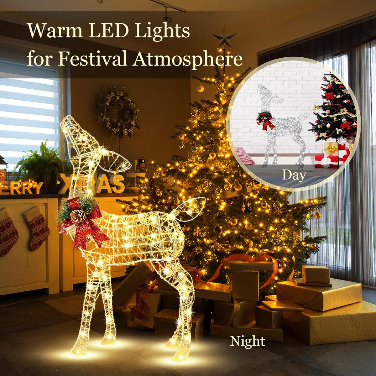 Tangkula Reno navideño iluminado, decoraciones de ciervos 3D para |...