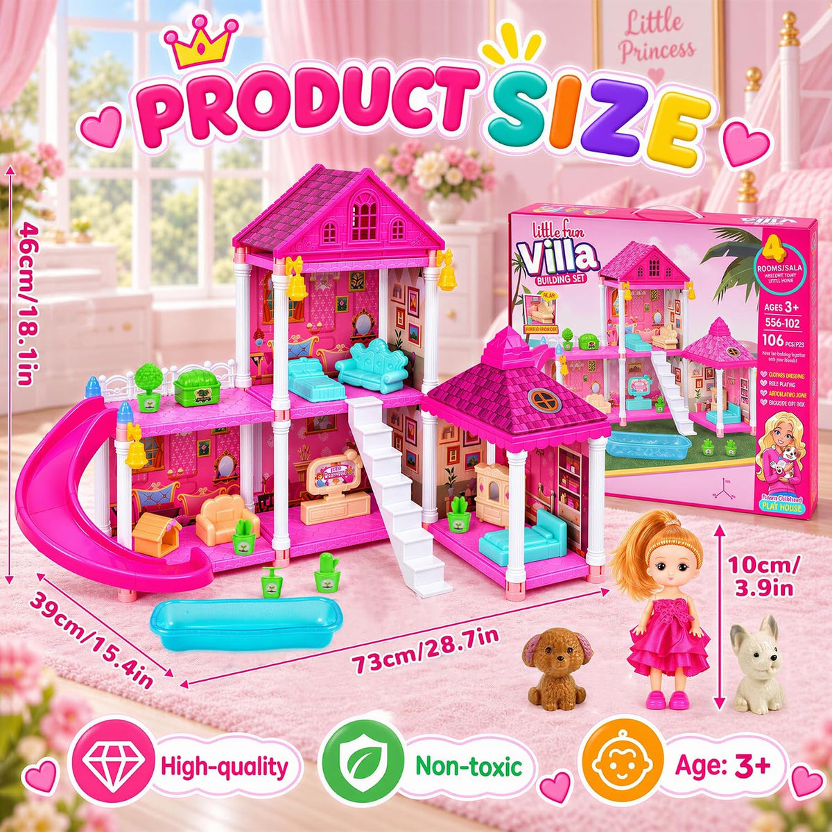 KLADNDER Casa de muñecas, juego de casa de muñecas de 2 pisos y 4 |...