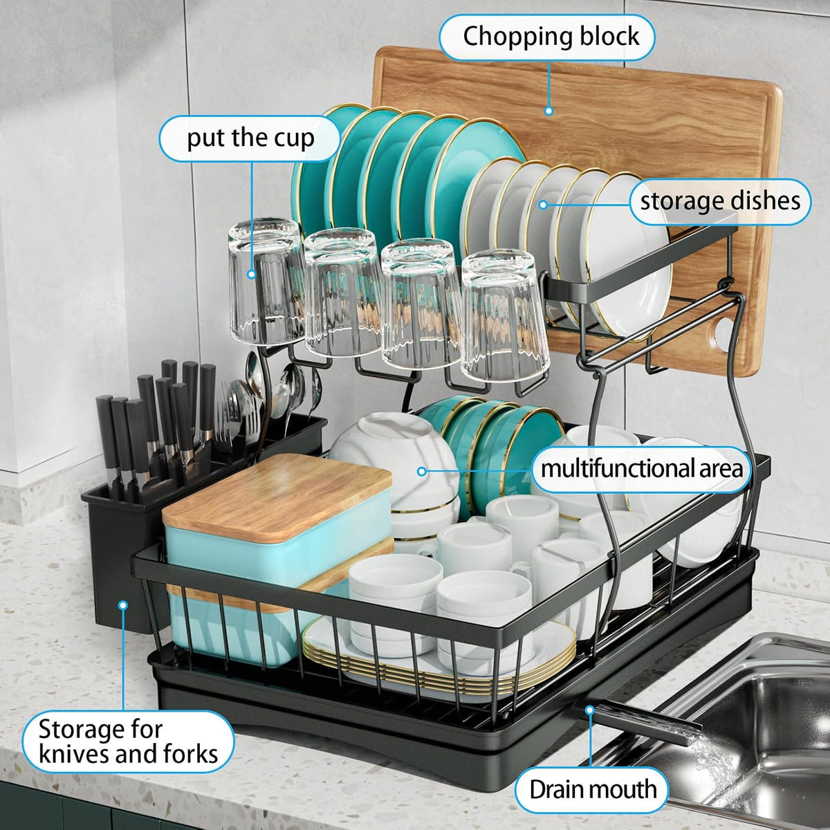 7 code Escurridor de platos grande para encimera de cocina, organiz...