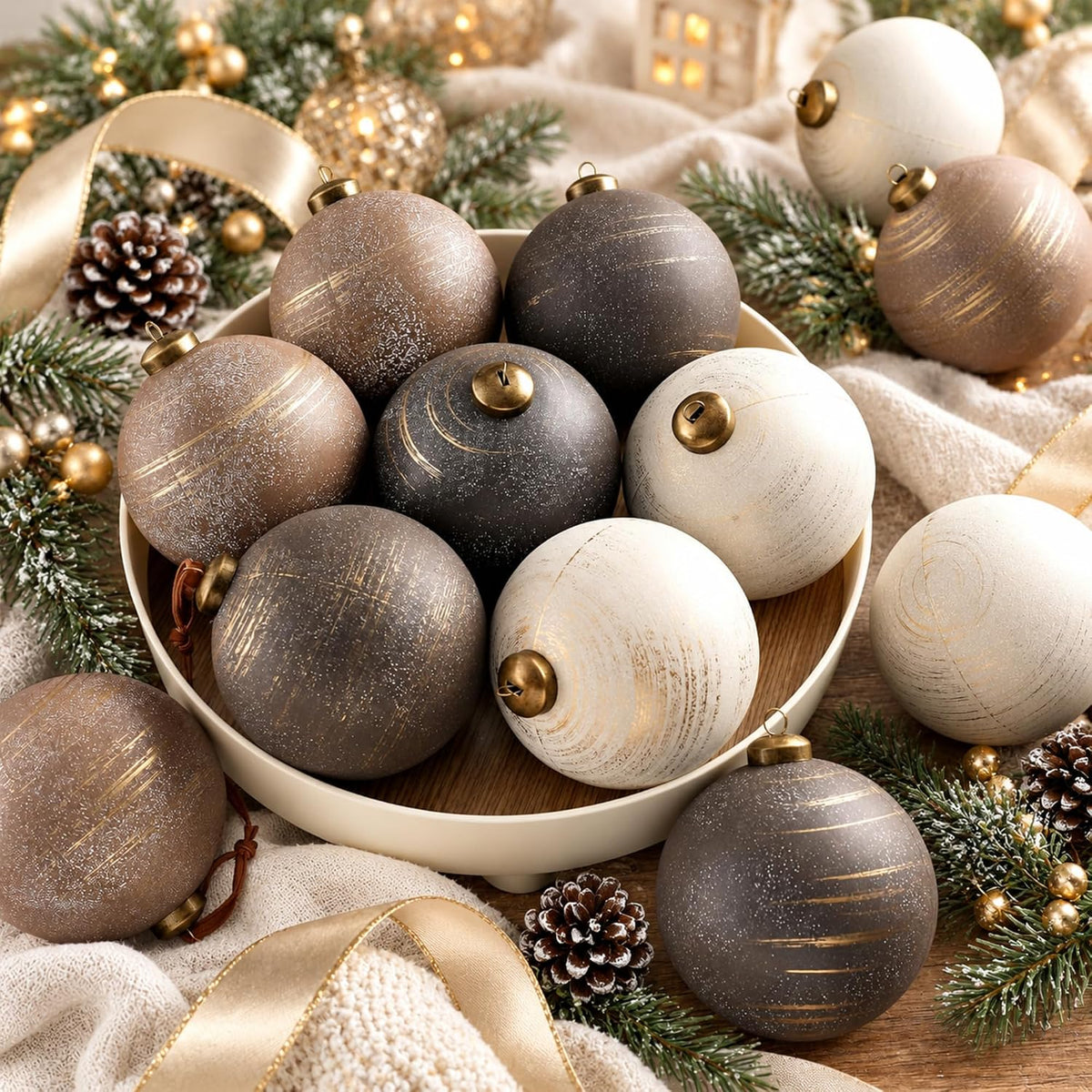 Yunlly 12 adornos de Navidad neutros, bronce gris pardo marfil, 4 p...