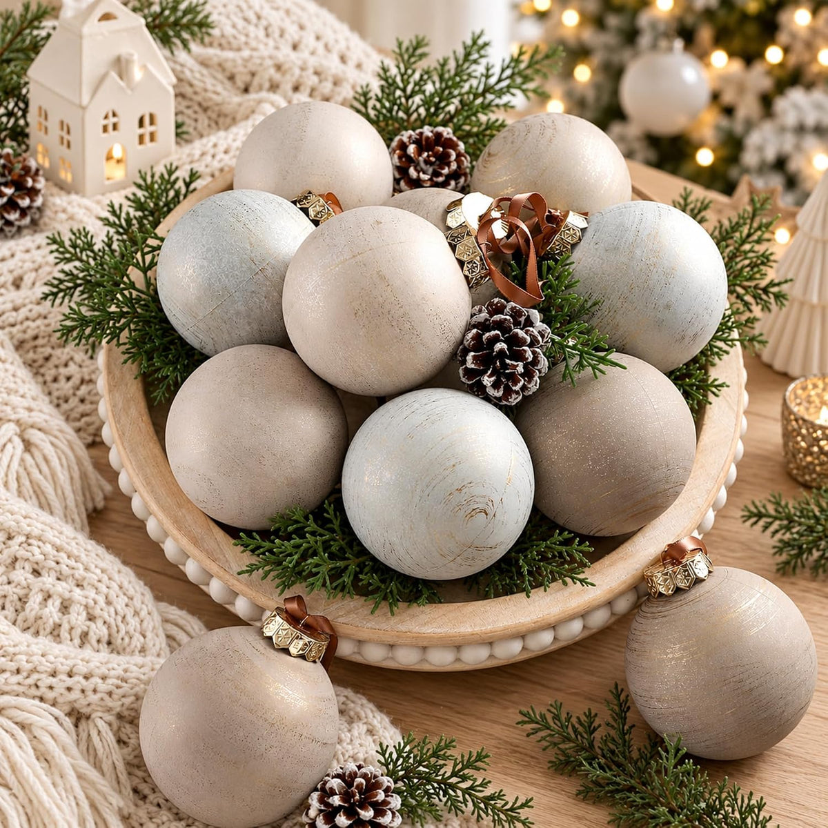 Yunlly - 12 adornos de Navidad neutros 2026, beige avena marfil | B...