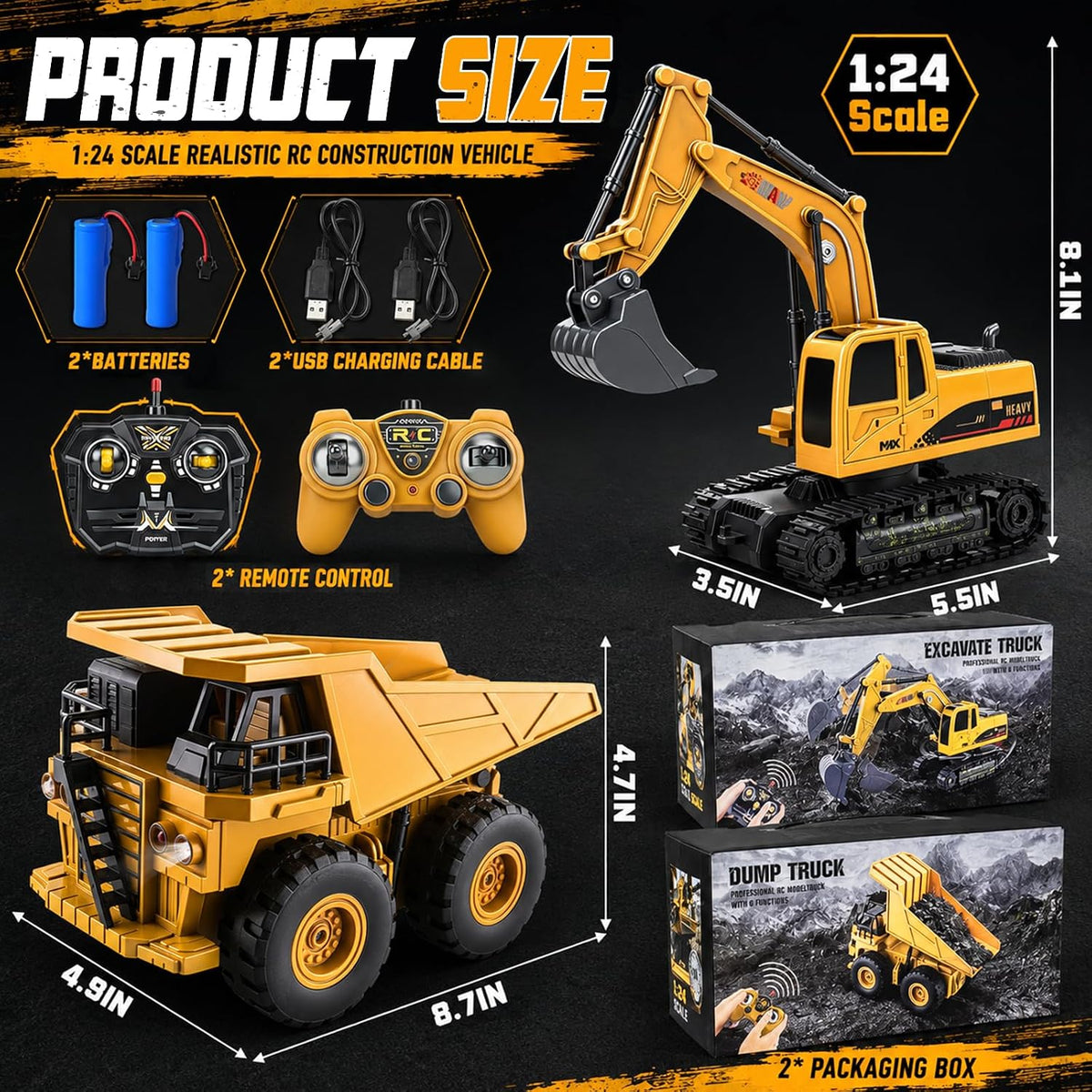 YongnKids 2 piezas de juguete grande de excavadora Rc y camión volq...