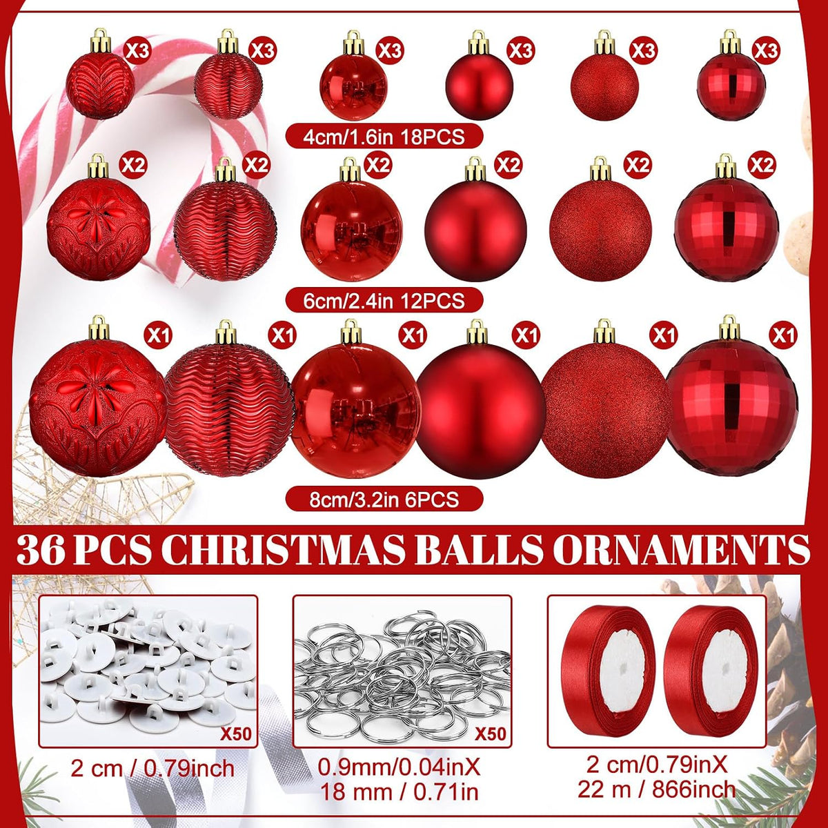 Relaxgiant - 36 bolas de Navidad para techo, color rojo | Tamaños s...