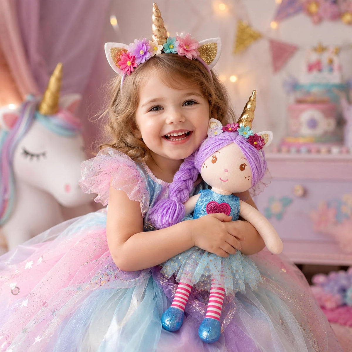 June Garden - Muñeca de peluche Myra Unicorn de 16 pulgadas, pelo m...