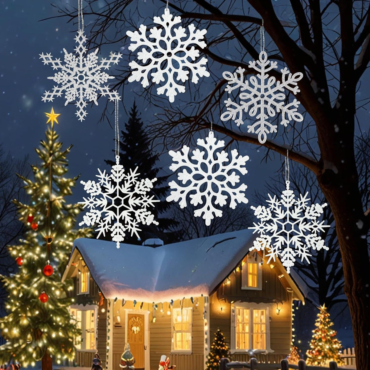8 copos de nieve grandes de color blanco y plateado, copos de nieve...