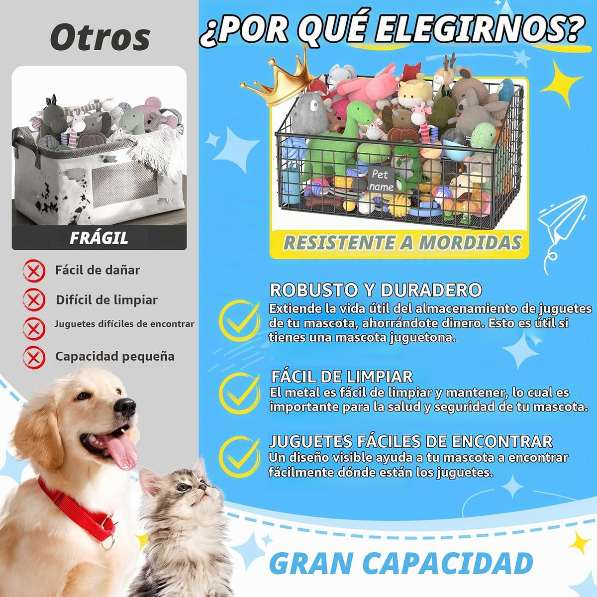 Kaiferty Cesta indestructible para juguetes para perros, contenedor...