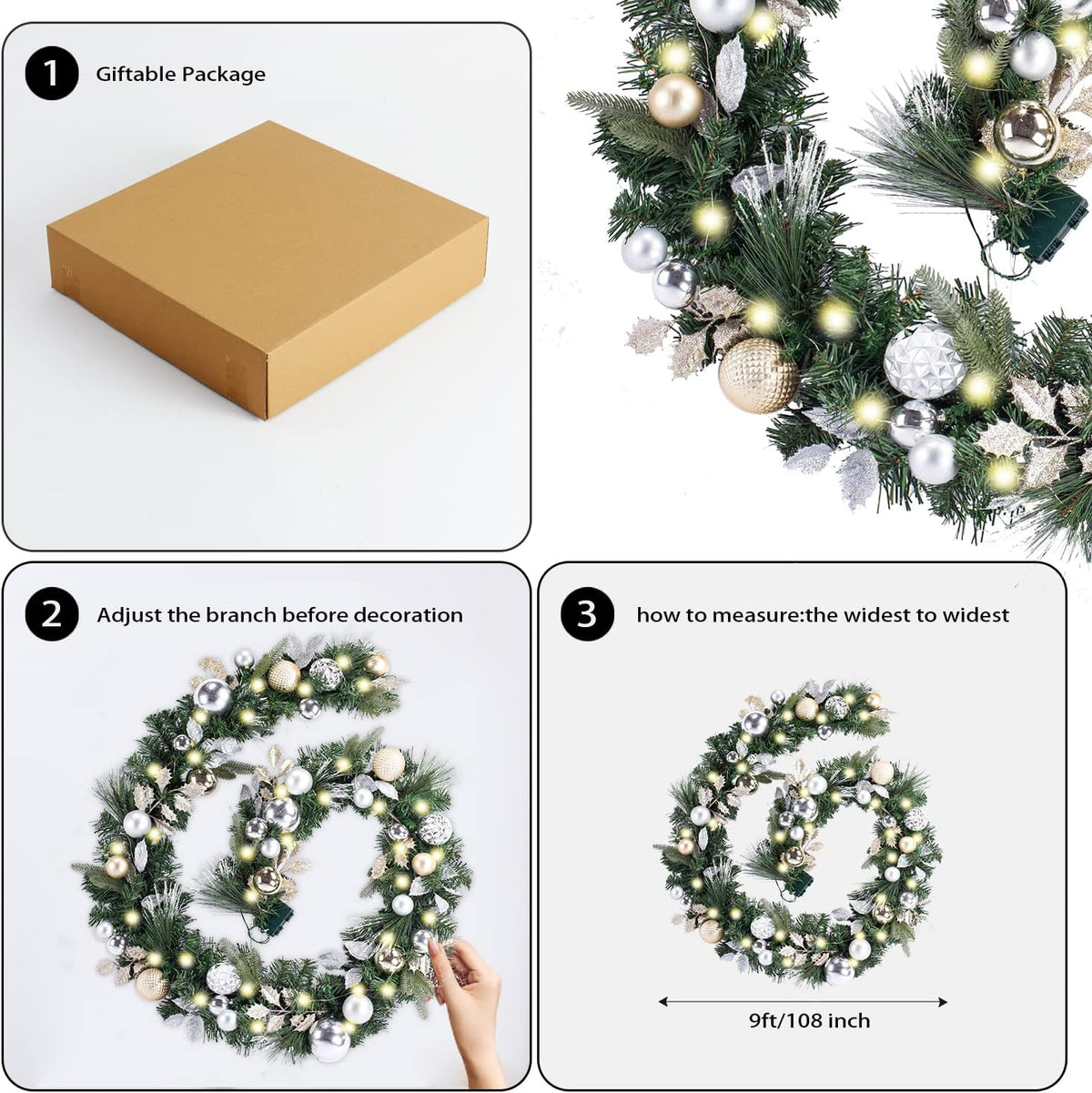 WANNA-CUL Guirnalda de Navidad preiluminada de 9 pies con luces | G...