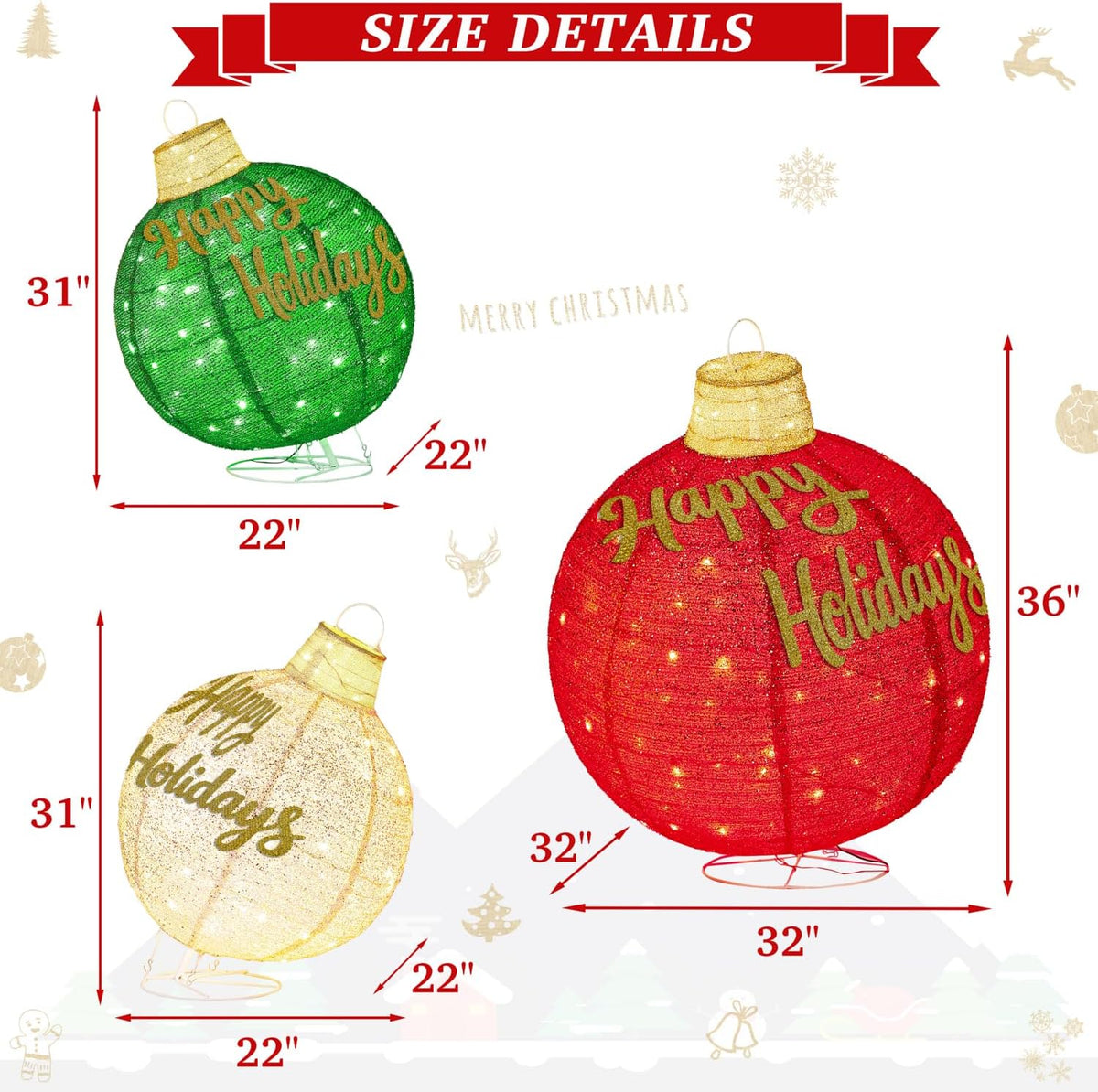 3 piezas de juego de adornos navideños iluminados de 3 pies, expand...