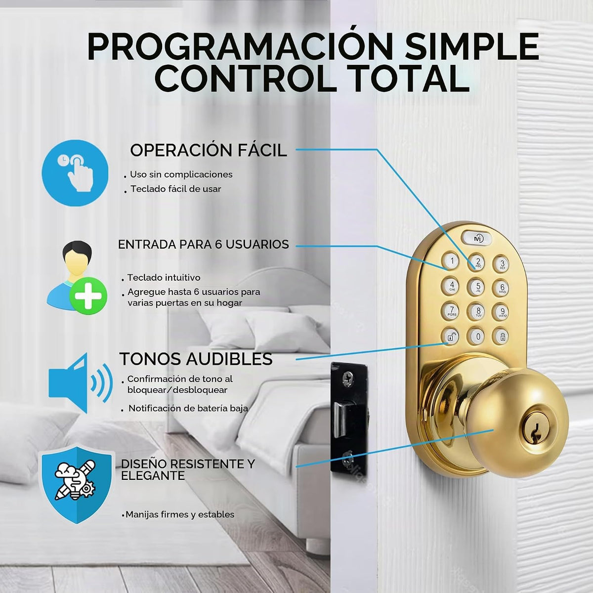 MiLocks TKK-02P - Pomo de puerta digital con teclado, cerradura de...