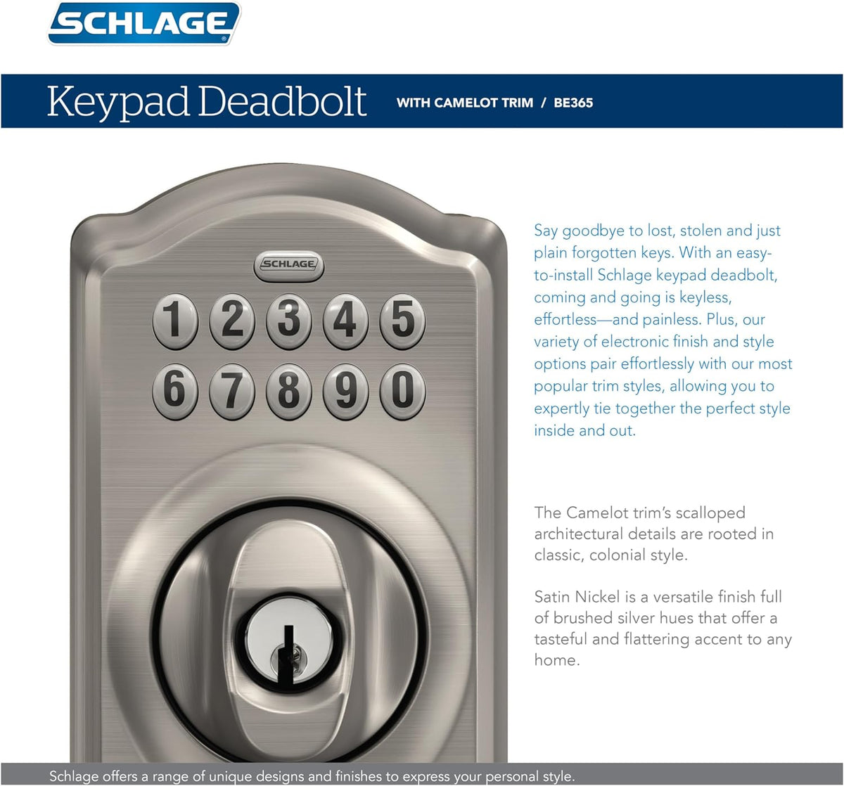 Schlage - Cerradura electrónica para teclado, borde Camelot, níquel...