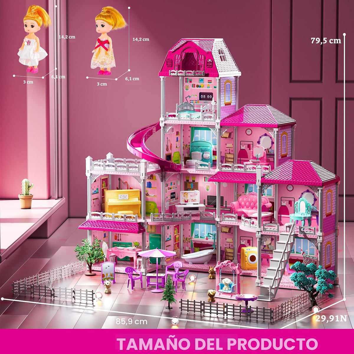 JUKUDAHU Juego de villa para niñas de 3 a 7 años, 4 plantas, 11 hab...