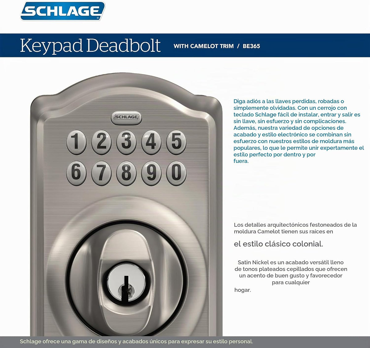 Schlage - Cerradura electrónica para teclado, borde Camelot, peltre...