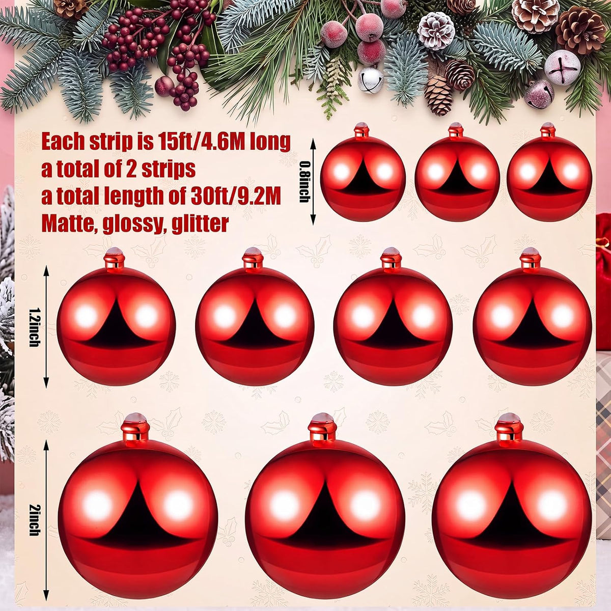 Yuxung 2 guirnaldas decorativas de bolas de Navidad de 15 pies, col...