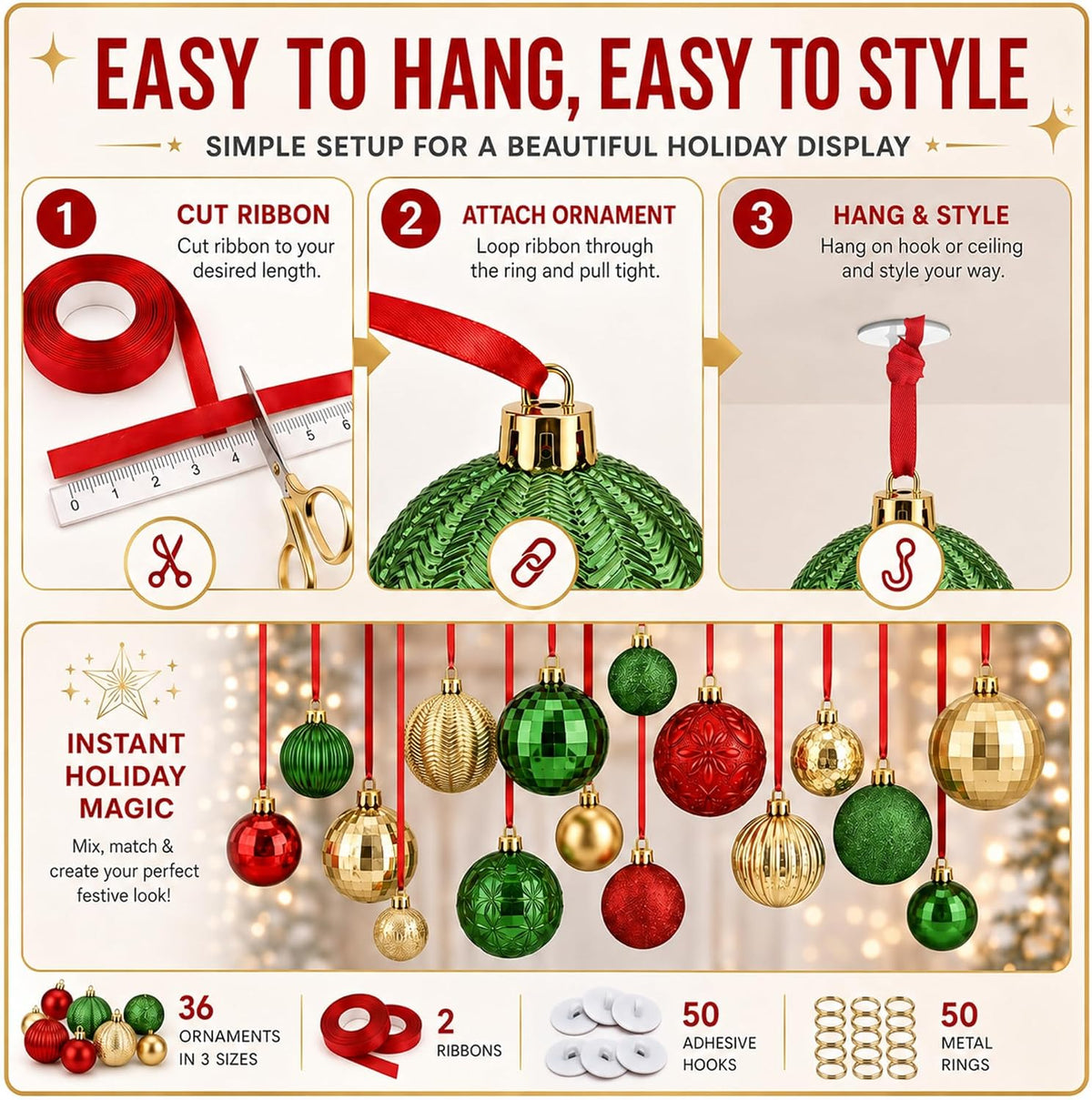 Relaxgiant - 36 bolas de Navidad para techo, rojo, verde, dorado |...