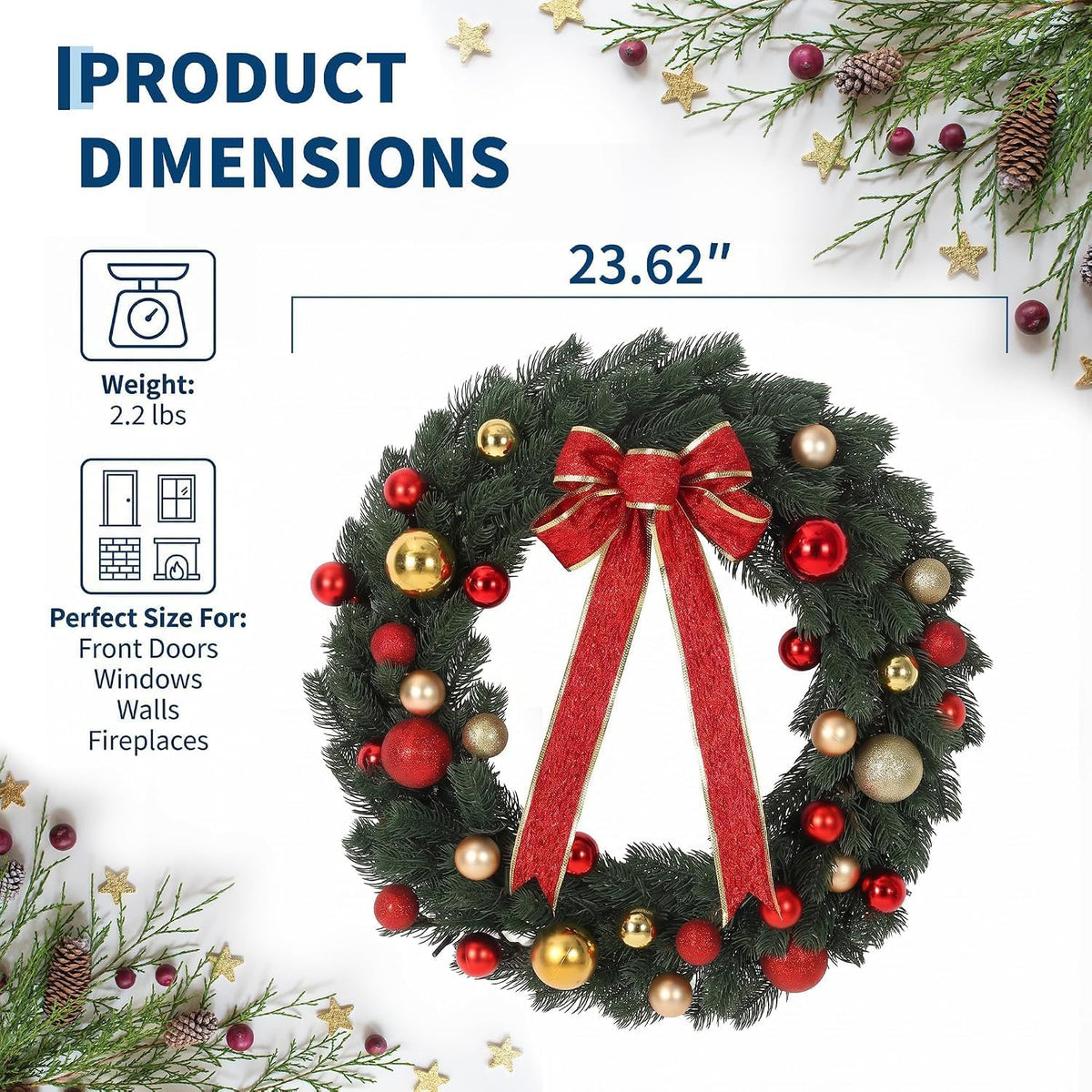 Aptliton Corona de Navidad preiluminada de 24 pulgadas, 60 luces LE...