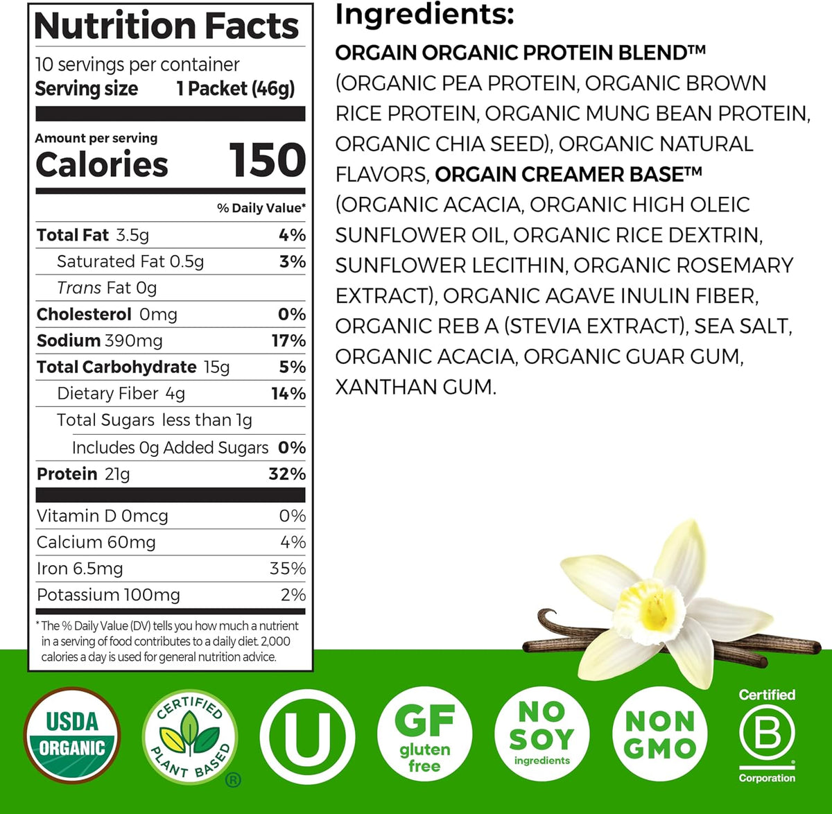 Orgain Proteína en polvo vegana orgánica de 0.74 oz, vainilla, 10 p...